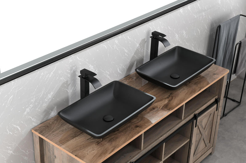 14.38" L -22.25" W -4-3/8 in. H Matte Shell Glass Rectangular Vessel Bathroom Sink in Black with Faucet and Pop-Up Drain in Matte Black