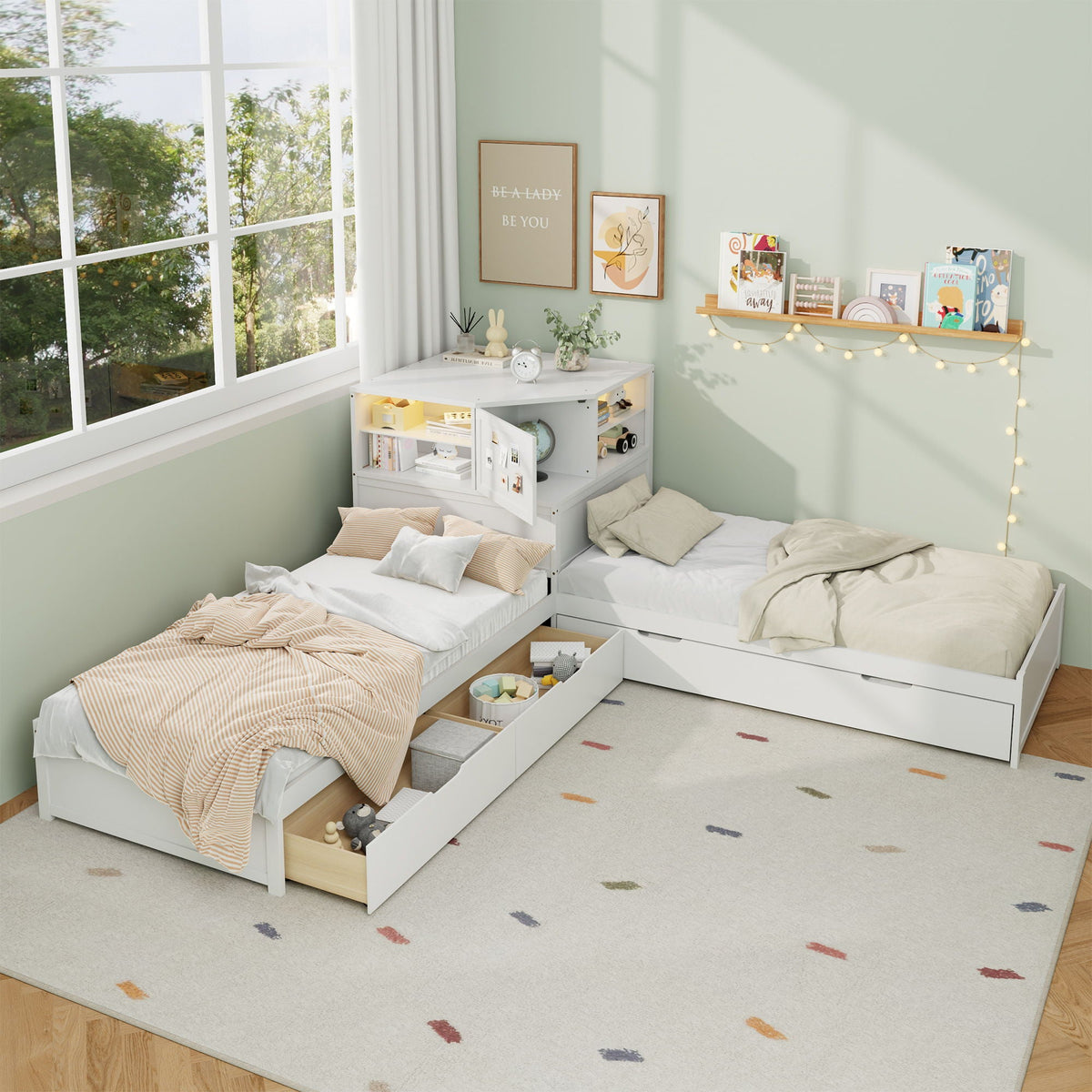 L-Shaped Bed Frame With Trundle, Built In Desk & LED Lighting, photo 28 of 31