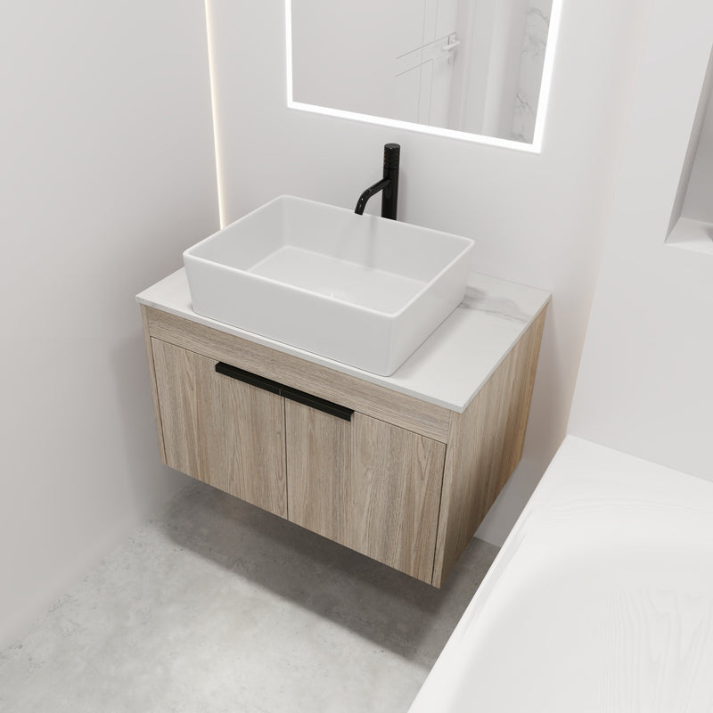 30" Modern Design Float Bathroom Vanity With Ceramic Basin Set, Wall Mounted White Oak Vanity With Soft Close Door, KD-PackingD-Packing Pieces
