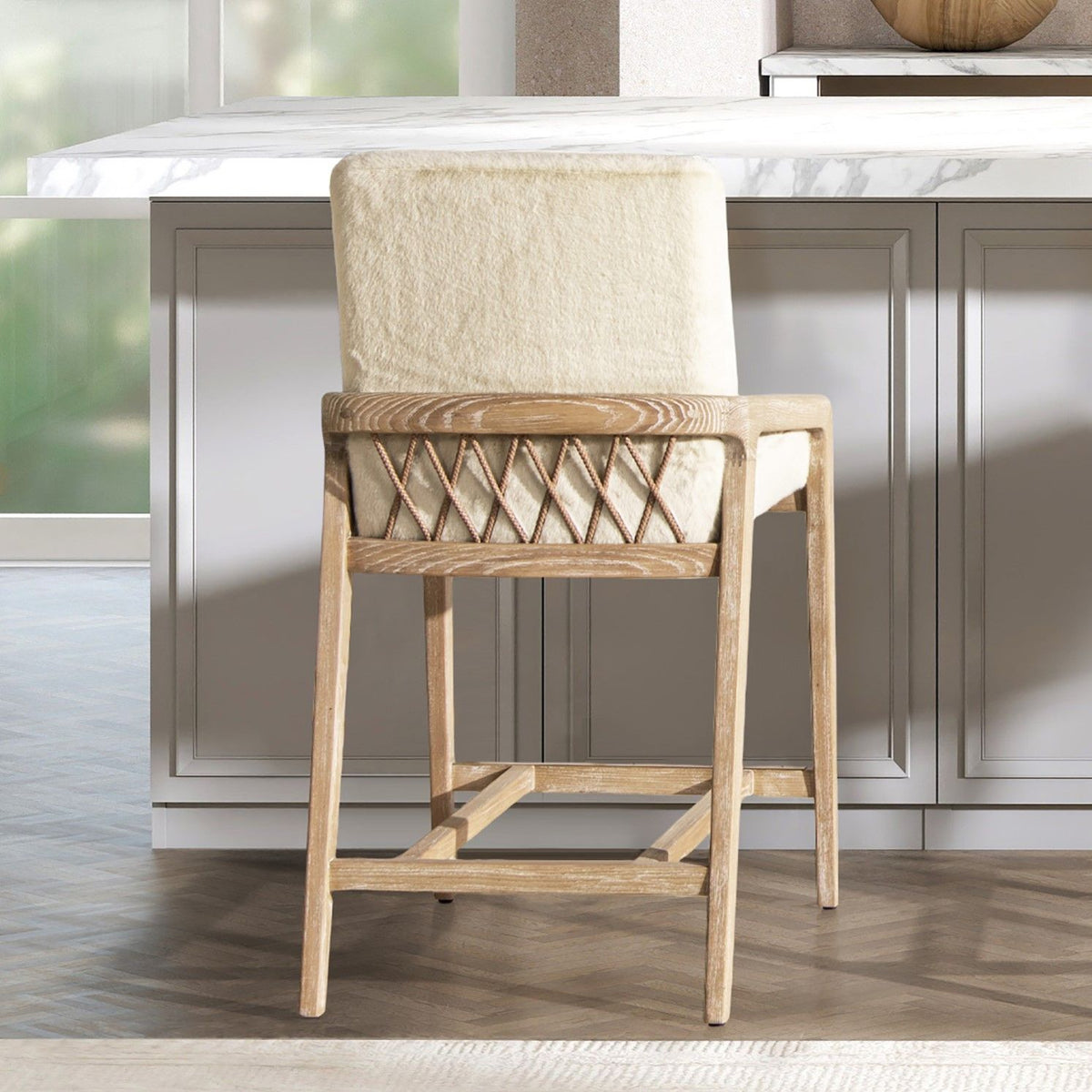 Arizona - Solid Ash Upholstered Counter Stool With Rope Detail - Creme De La Creme White, photo 9 of 11