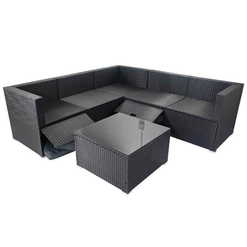 6 Pieces PE Rattan sectional Outdoor Furniture Cushioned Sofa Set with 3 Storage Under Seat Black Wicker + Dark Grey Cushion