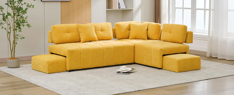 91.73" L-shaped Sofa Sectional Sofa Couch with 2 Stools and 2 Lumbar Pillows for Living Room, Yellow