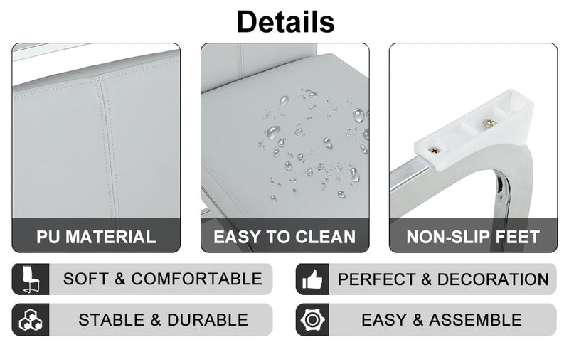 A simple dining table. A dining table with a white marble pattern. 4 PU synthetic leather high backrest cushioned side chairs with C-shaped silver metal legs. DT-SQ-16090-wh