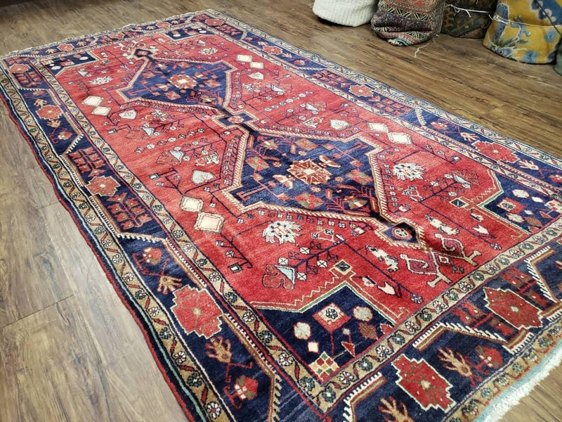 Antique Persian Zanjan Nahavand Heriz Rug, Red & Blue, Hand-Knotted, 5' x 9' 7"