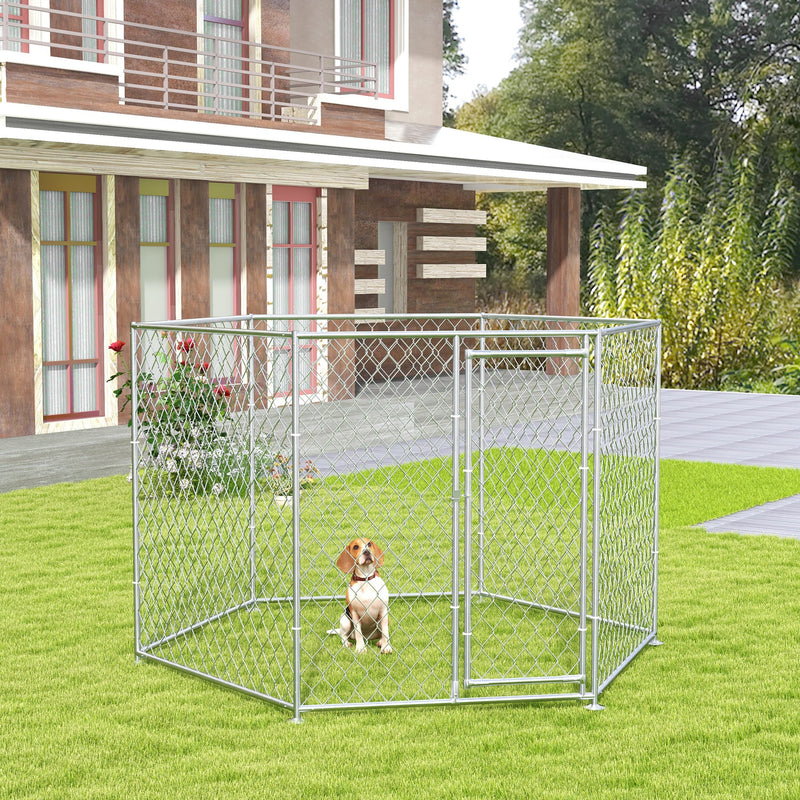 9.2' x 8' x 5.6' Dog Kennel, Outdoor Dog Run with Lockable Door for Medium and Large-Sized Dogs, Silver