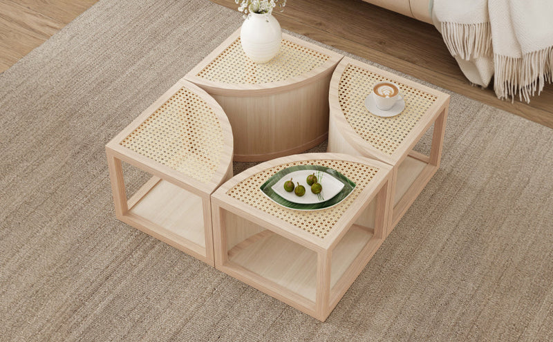 Walker Edison - Round to Square Block Modular Coffee Table Light Natural Rattan with Storage 4 Piece