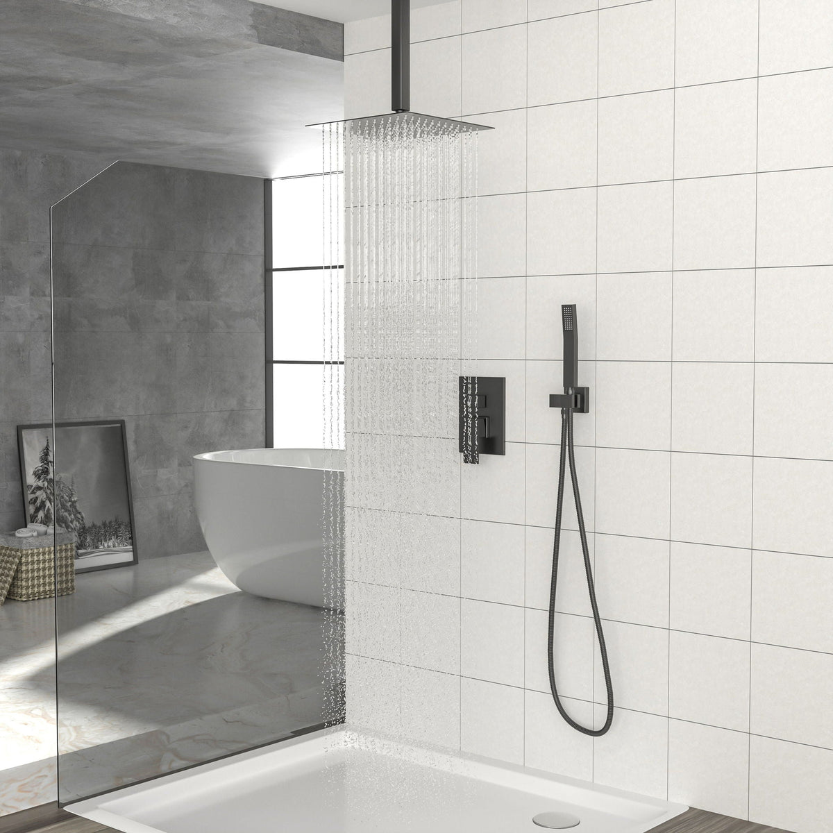 Dual Shower Head 10" Ceiling Mount Square Shower System With Rough In Valve - Matte Black, photo 8 of 10