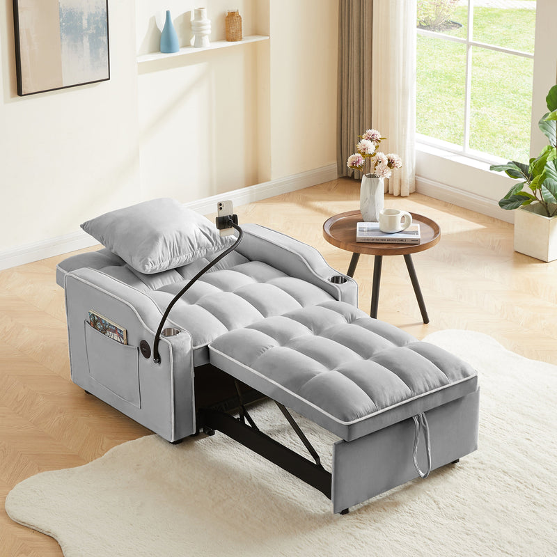 3-in-1 Sofa Bed, Convertible Sleeper Chair Sofa Bed Adjustable Pull Out Sleeper Chair Bed Multi-Pockets Folding Sofa Bed for Living Room Bedroom Small Space (Grey)