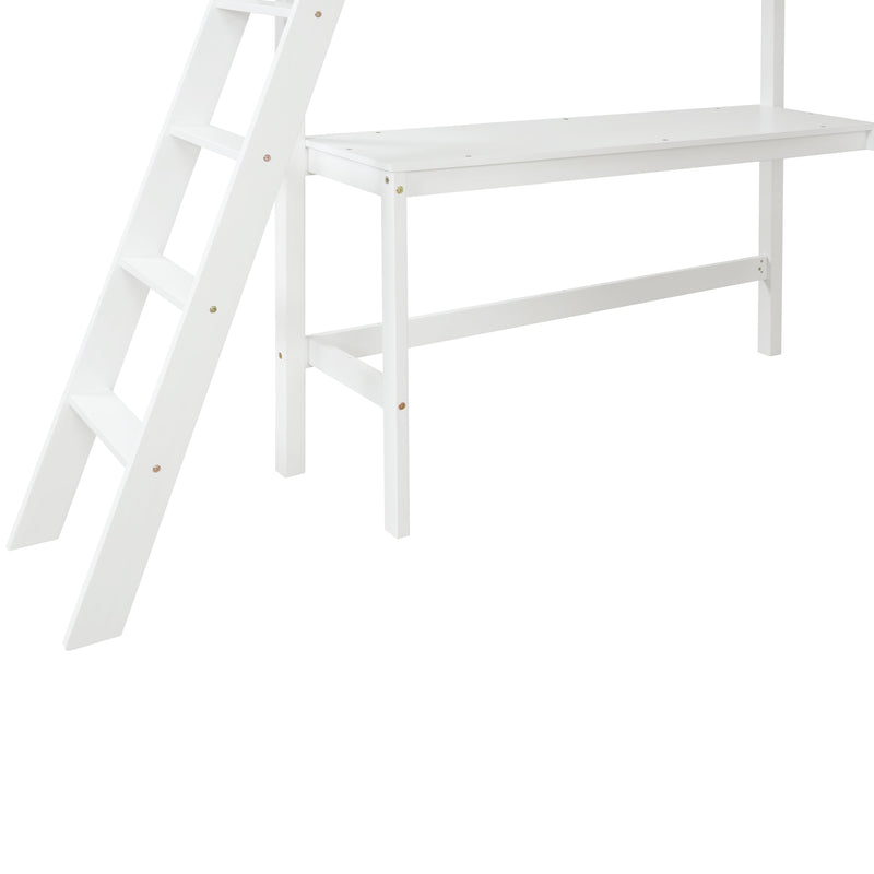 Loft Bed Full with desk,ladder,shelves, White