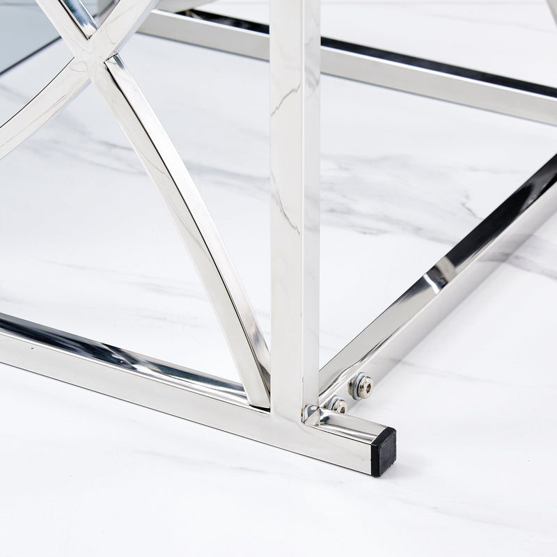 3 Pieces Silver Square Nesting Glass End Tables- Small Coffee Table Set- Stainless Steel Small Coffee Tables with Dark Gray Tempered Glass- 18" Modern Minimalist Side Table for Living Room (Curve)