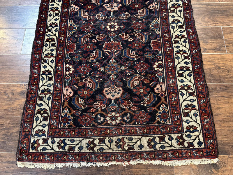 Navy Blue Antique Persian Rug 3x6, Blue and Ivory Persian Carpet, Handmade 1920s Hamadan Rug