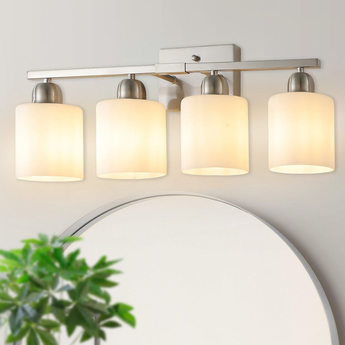 Modern 4-Light Bathroom Fixture with Nickel Finish and Milky, photo 2 of 7