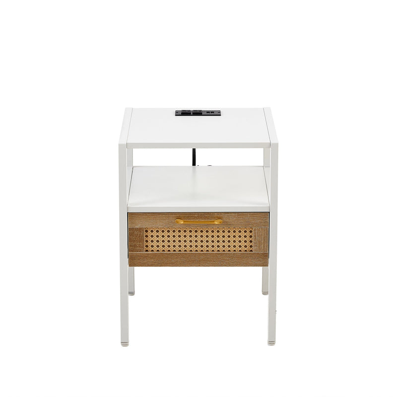 15.75" Rattan End table with Power Outlet & USB Ports, Modern nightstand with drawer and metal legs, side table for living room, bedroom,white(1 PC)