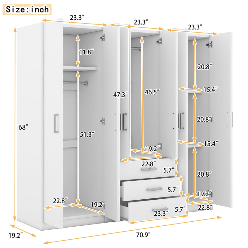 6-Doors Wooden Wardrobe Storage for Bedroom, with Big Drawers, White