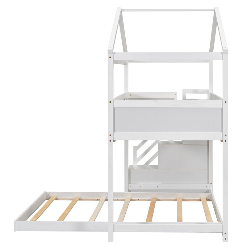 Walker Edison | Twin over Full House Bunk Bed with Storage Staircase and Blackboard, White