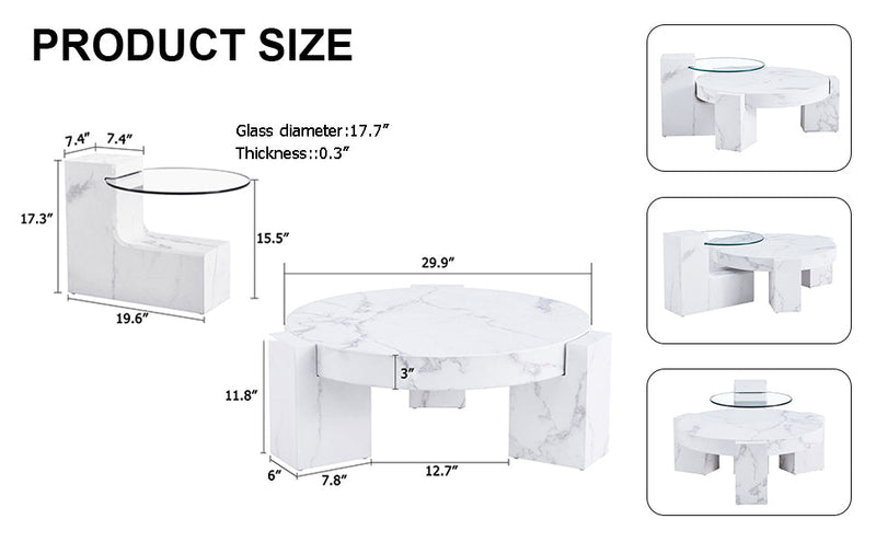 A modern, fashionable, and durable marble textured MDF coffee table with a side table. Match with multiple scenes. Suitable for living room and bedroom.