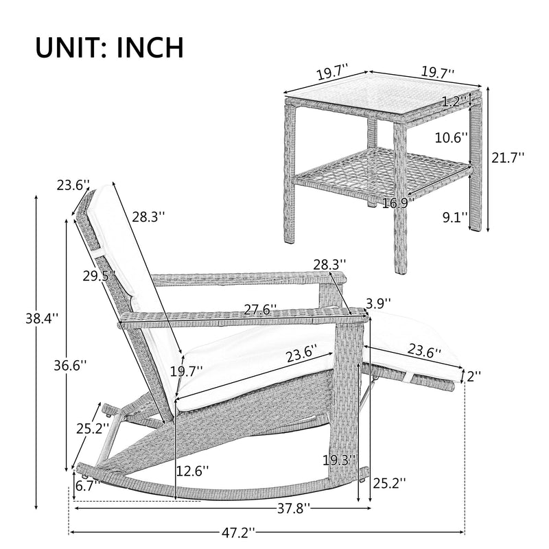 Adjustable Outdoor Wicker Double Rocking Chair with Coffee Table, Suitable for Backyard, Garden, Poolside.