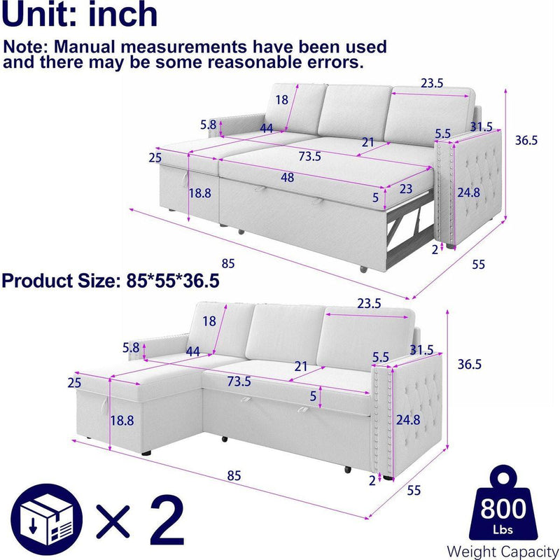 85 Inches Sofa Bed, 3 Seater Sleeper Sofa with Storage Chaise, Square Handrail With Pull and Copper nail,Chenille, Pull Out Couch for Living Room