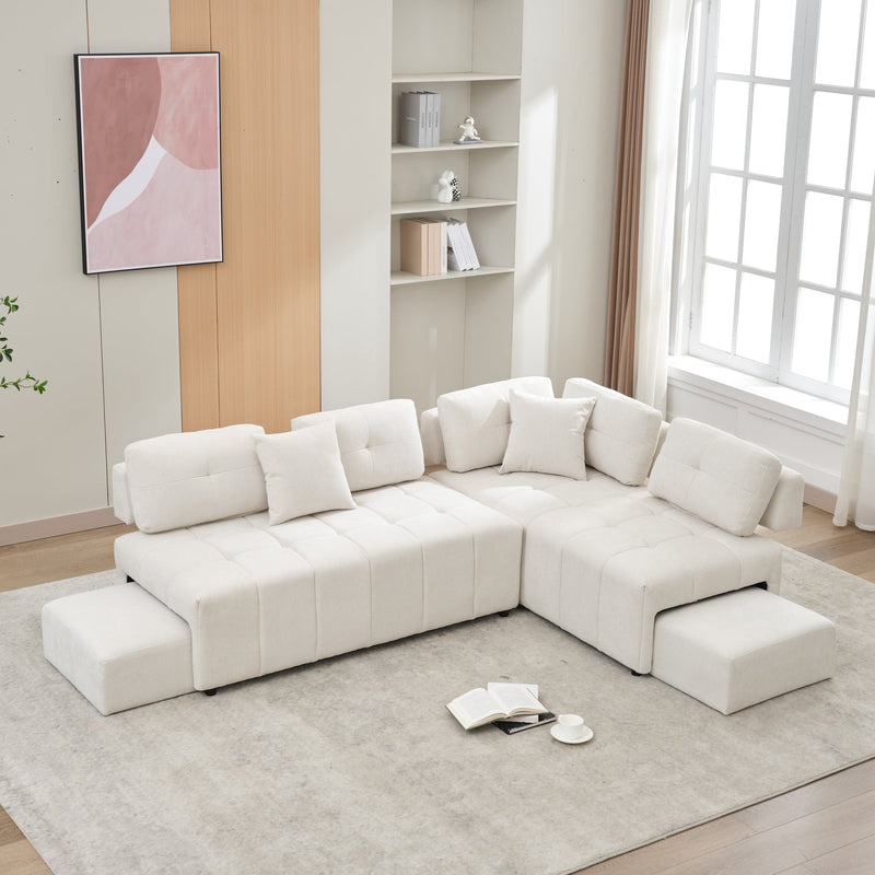 91.73" L-shaped Sofa Sectional Sofa Couch with 2 Stools and 2 Lumbar Pillows for Living Room, Biege