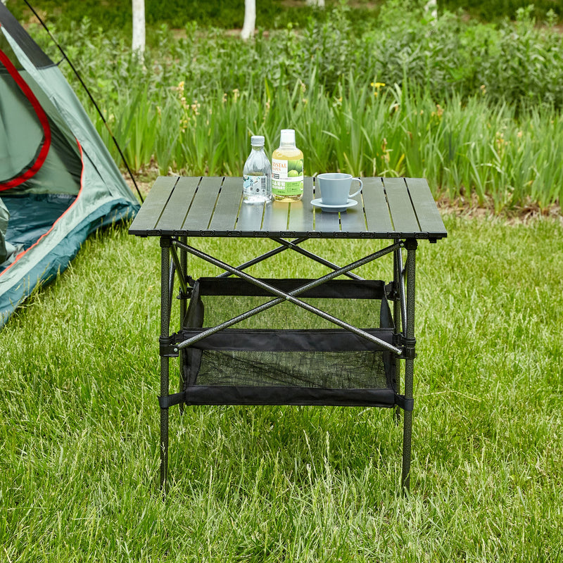 1-piece Folding Outdoor Table with Carrying Bag,Lightweight Aluminum Roll-up Square Table for indoor, Outdoor Camping, Picnics, Beach,Backyard, BBQ, Party, Patio, 27.56X27.56X27.56in, Black