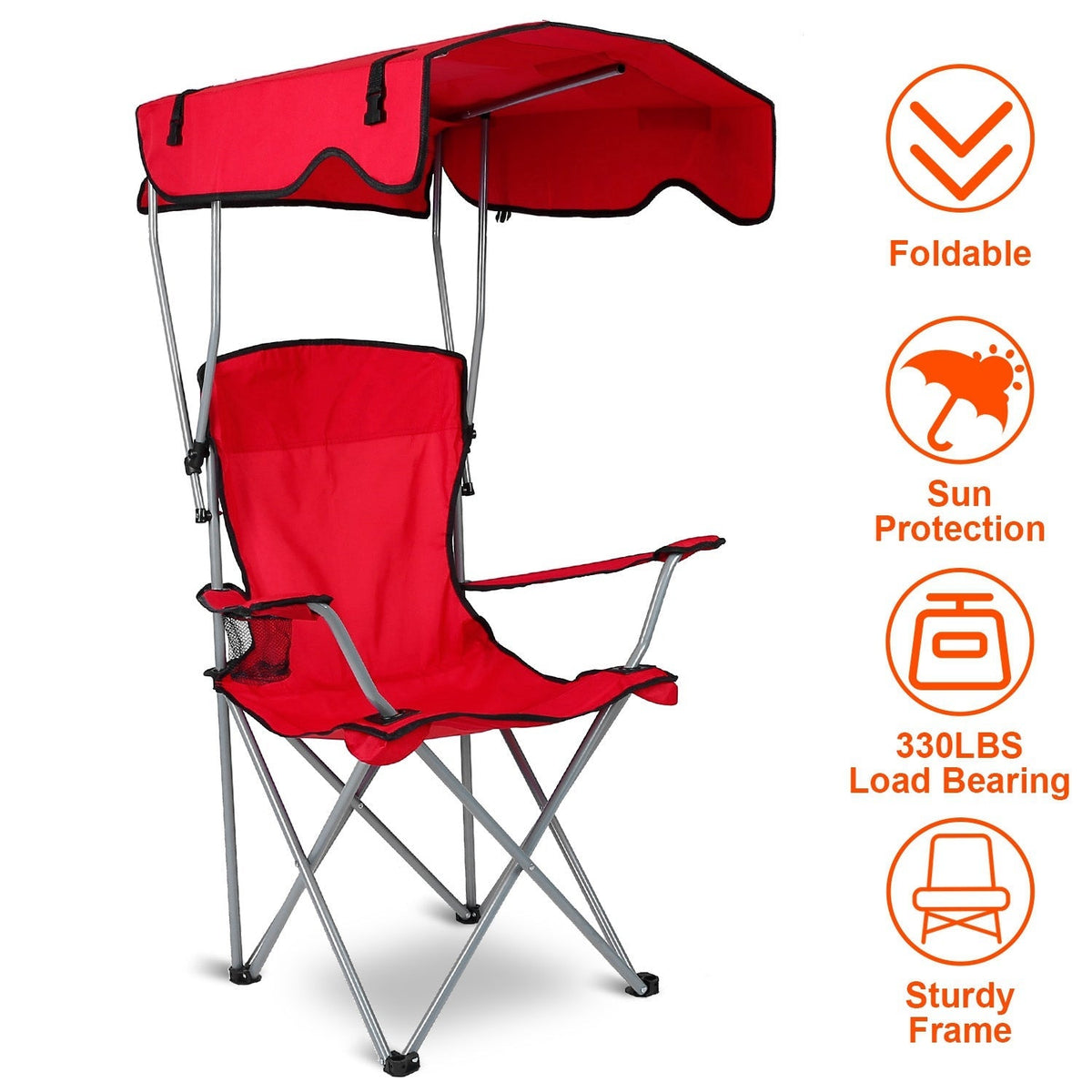 Foldable Beach Canopy Chair Sun Protection Camping Lawn Canopy Chair 330LBS Load Folding Seat w/ Cup Holder For Beach Poolside Travel Picnic, photo 7 of 14