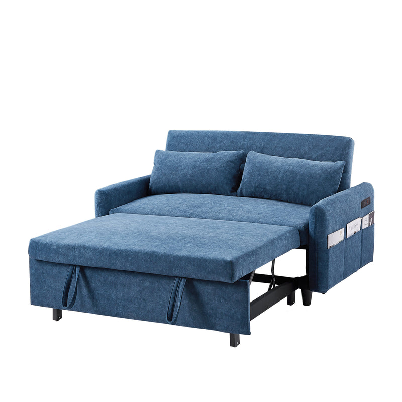 55.1" Pull Out Sleep Sofa Bed Loveseats Sofa Couch with Adjustable Backrest, Storage Pockets, 2 Soft Pillows, USB Ports for Living Room, Bedroom, Apartment, Office, Blue