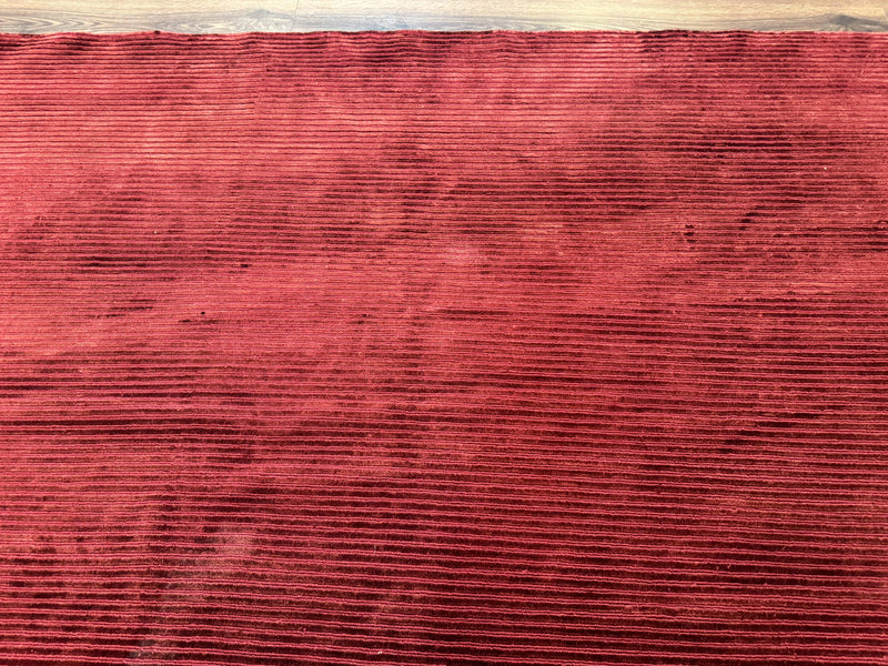 Modern Tibetan Rug 8x10, Red, Stripes, Handmade Wool Thick Pile Carpet