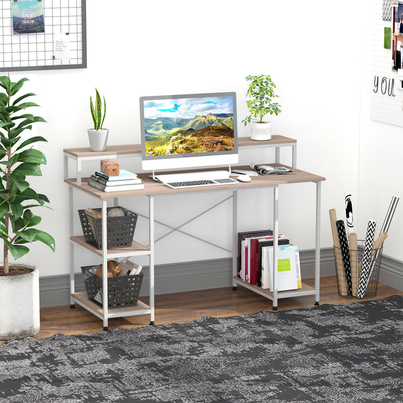 55 Inch Home Office Computer Desk Study Writing Workstation with Storage Shelves, Elevated Monitor Shelf, CPU Stand, Durable X-Shaped Construction, Oak Wood Grain