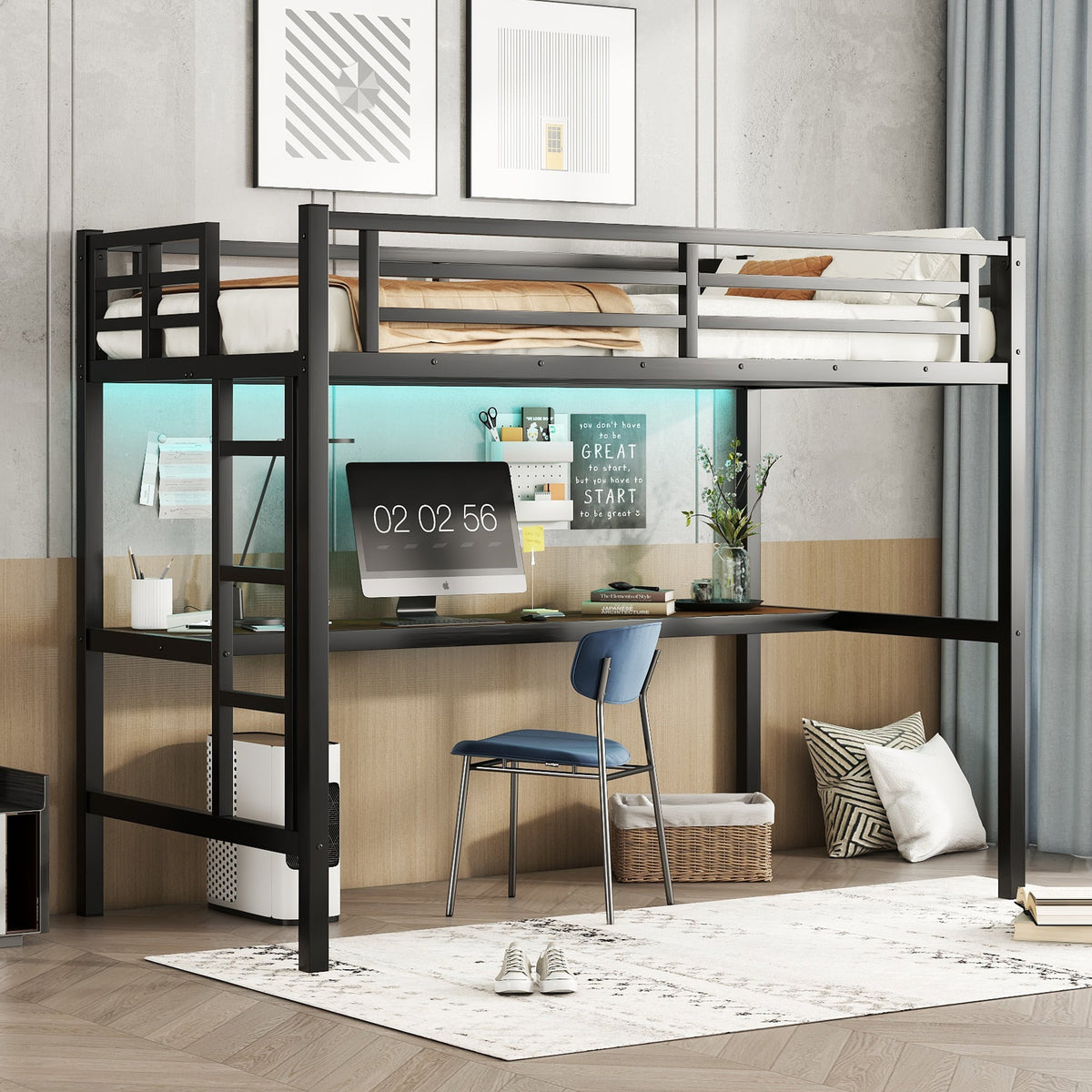 Metal Twin XL Size Loft Bed with Power Outlet and LED Light, photo 3 of 10