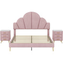 3 Pieces Bedroom Sets, Queen Size Modern Velvet Upholstered Bed Frame with  Petal Shape Headboard, 3 Drawers Nightstands, Pink