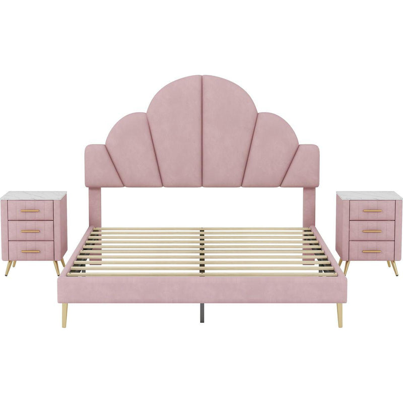 3 Pieces Bedroom Sets, Queen Size Modern Velvet Upholstered Bed Frame with  Petal Shape Headboard, 3 Drawers Nightstands, Pink