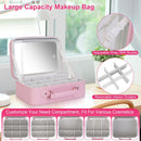 Travel Makeup Bag With 3 Light Colors Dimmable Brightness LED Mirror Detachable 10X Magnifying Mirror Adjustable Dividers Portable Waterproof Cosmetic