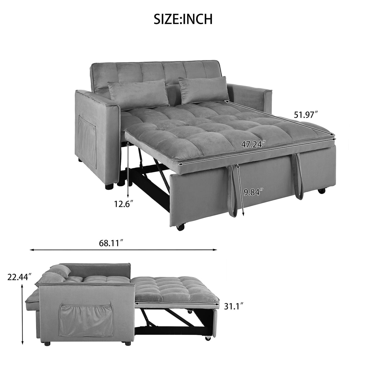 3 In 1 Pull Out Couch Convertible Sofa Bed With Reclining Backrest, photo 23 of 35