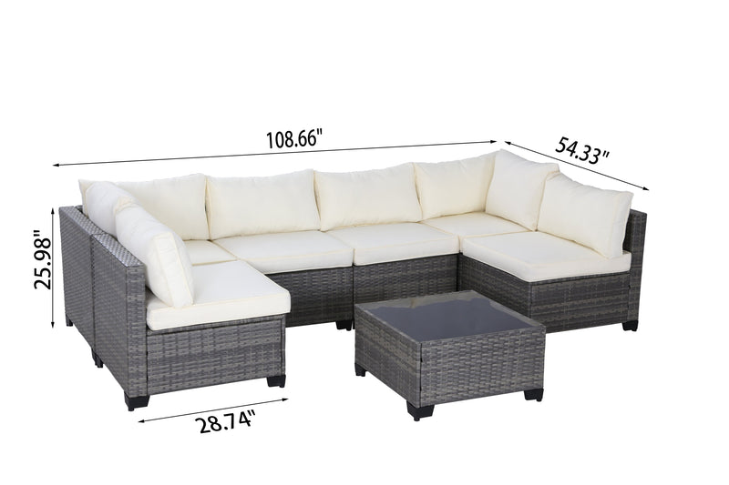 All-Weather 7-Piece Gray PE Wicker Patio Conversation Set with Beige Cushions and coffee table