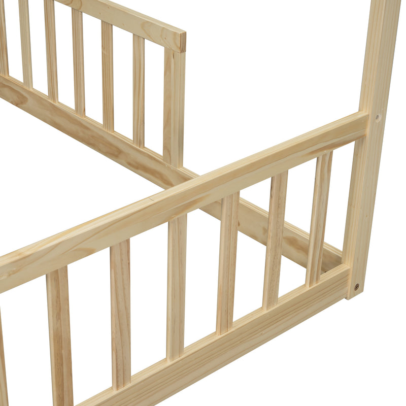 Double Twin House-Style Floor Bed with Fence, Guardrails, without door, Natural(Old Sku:W504P143318)
