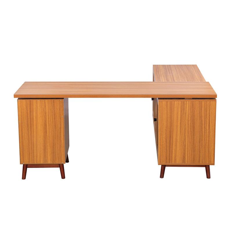 66.5" Modern L-shaped Executive Desk with delicate tempered glass Cabinet Storage,Large Office Desk with Drawers,Business Furniture Desk Workstation for Home Office,Teak
