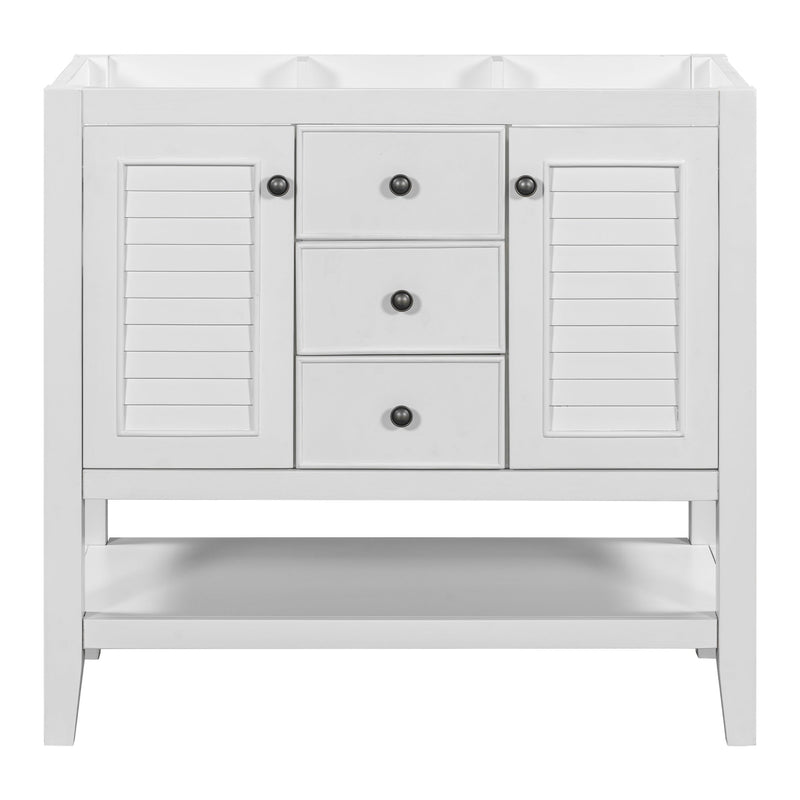 36" Bathroom Vanity without Sink, Cabinet Base Only, Two Cabinets and Drawers, Open Shelf, Solid Wood Frame, White