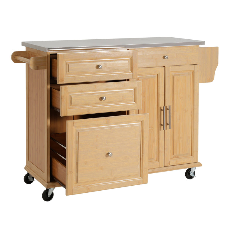 Indoor Bamboo Rolling Kitchen Island with Stainless Steel Top, photo 9 of 10