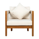Acacia Wood Outdoor Club Chair with Handwoven Rope Accents & Curved Backrest