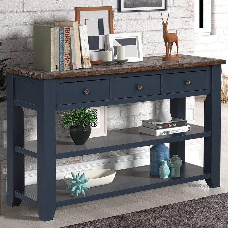 48" Solid Pine Wood Top Console Table, Modern Entryway Sofa Side Table with 3 Storage Drawers and 2 Shelves. Easy to Assemble (Blue)