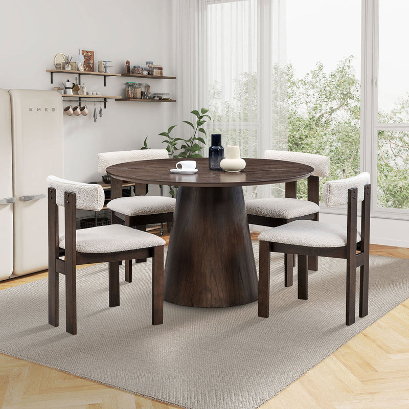 (1 Table with 4 Chairs)Wooden Dining Table Set, Modern Round MDF Kitchen Table and Boucle Upholstered Dining Chairs for Dining Room, Kitchen, Saving Space, Brown