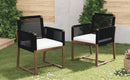 Outdoor Dining Chairs Set of 2, Acacia Wood Patio Armchair with Rope Design Back and Arms and Washable Cushion,for Backyard, Poolside, Garden,Black