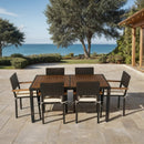 7 piece Outdoor Patio Wicker Dining Set Patio Wicker Furniture Dining Set w/Acacia Wood Top Brown Wicker + Cream Cushion