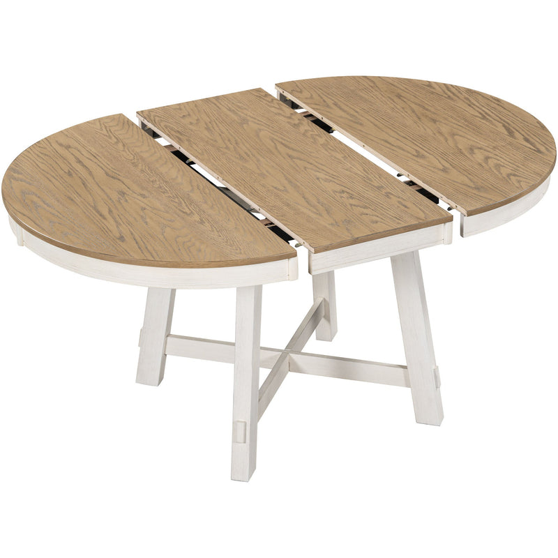 5-Piece Farmhouse Dining Table Set Wood Round Extendable Dining Table and 4 Upholstered Dining Chairs (Oak Natural Wood + Antique White)