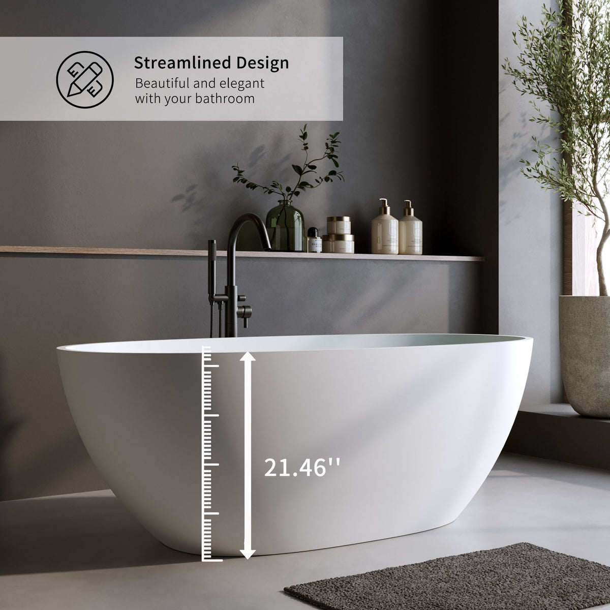 55" Solid Surface Matte Tub - Freestanding Soaking Bathtub, photo 4 of 10