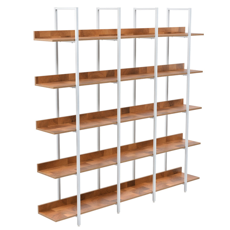 5 Tier Bookcase Home Office Open Bookshelf, Vintage Industrial Style Shelf, MDF Board, White Metal Frame, Brown