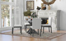 5-Piece Farmhouse Style Dining Table Set, Marble Sticker and Cross Bracket Pedestal Dining Table, and 4 Upholstered Chairs (White+Gray)