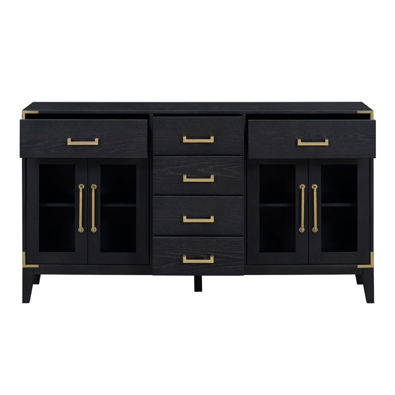 6-drawer and 2-Cabinet Retro Sideboard with Extra Large Storage Space, with Gold Handles and Solid Wood Legs, for Kitchen and Living Room (Black)