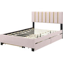 Queen Size Upholstered Platform Bed with 2 Drawers and 1 Trundle, Classic Metal Strip Headboard Design, Pink