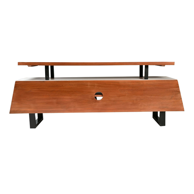 62 Inch Kate Acacia Wood TV Cabinet with Staggered 3 Tier Design and Sled Base, Brown and Black